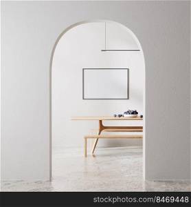 frame mock up in modern room interior in white color with arch, wooden table, 3d rendering