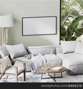 frame mock up luxury living room interior with gray sofa with tropical background in window, 3d rendering