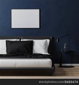 frame mock up on dark blue wall with bed with white and blue pillows, 3d rendering