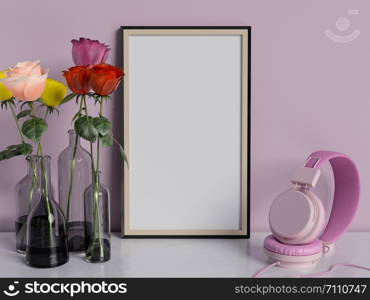 Frame mock up on table with rose flowers.