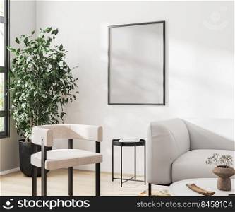 frame mock up on white wall in modern living room interior, 3d rendering