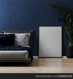frame mock up on wooden floor near bed and plant in modern bedroom interior with blue wall, 3d rendering