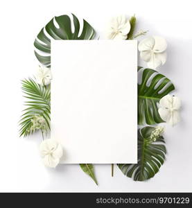 Frame mockup with Chamomile flowers on a white background. Banner or gift card with flowering frame.. Frame mockup with Chamomile flowers on a white background. Banner or gift card with flowering frame