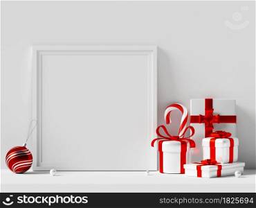 Frame mockup with Christmas ornaments, 3d illustration