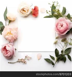 Frame mockup with roses and pions flowers on a white background. Banner or gift card with flowering frame.. Frame mockup with roses and pions flowers on a white background. Banner or gift card with flowering frame