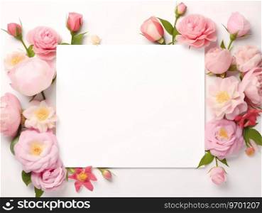 Frame mockup with roses and pions flowers on a white background. Banner or gift card with flowering frame.. Frame mockup with roses and pions flowers on a white background. Banner or gift card with flowering frame