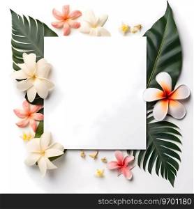 Frame mockup with tropical flowers on a white background. Banner or gift card with flowering frame.. Frame mockup with tropical flowers on a white background. Banner or gift card with flowering frame