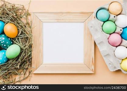 frame near set bright easter eggs nest container
