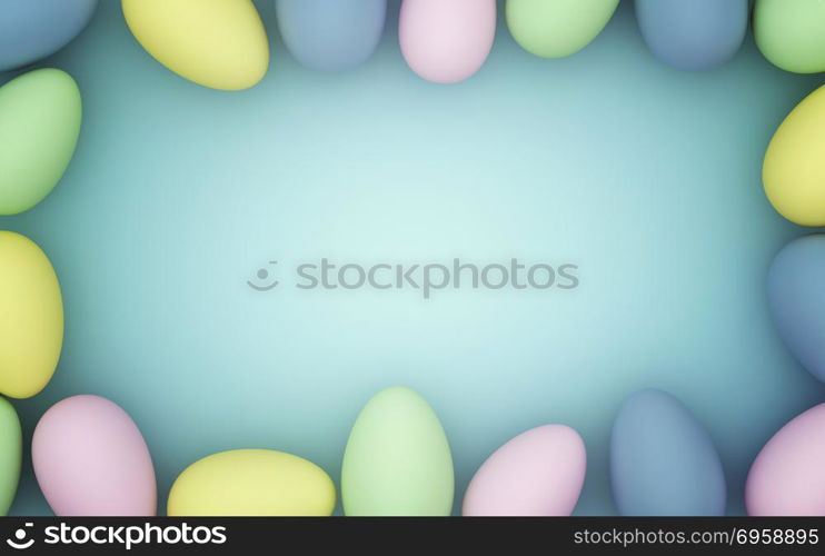 Frame of colorful easter eggs on blue background, 3d render