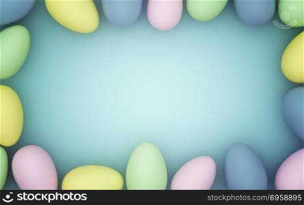 Frame of colorful easter eggs on blue background, 3d render
