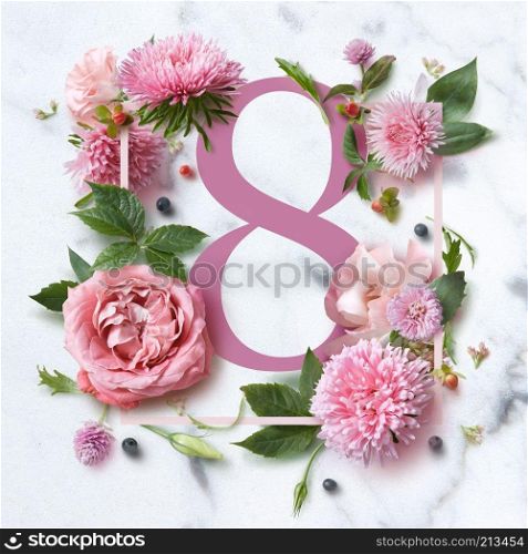Frame of flowers and number 8 isolated on white. Greeting Card for March 8, flat lay. frame with pink flowers