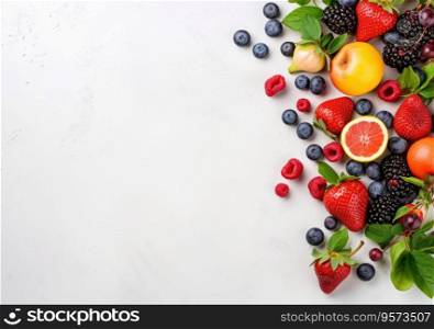 Frame of fresh berries on white background. copy space of berry frame