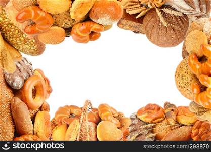 Frame of fresh bread products isolated on white background. Collage.