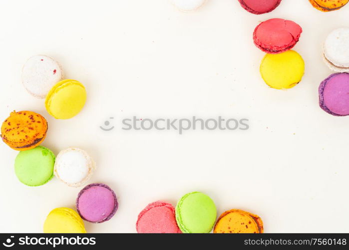 Frame of fresh fresh macaroon biscuit, top view flat lay. Fresh macaroon confection