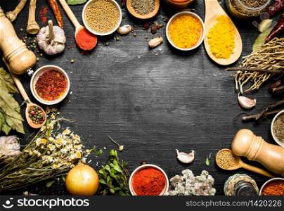 Frame of Indian spices and herbs. On the black chalkboard.. Frame of Indian spices and herbs.