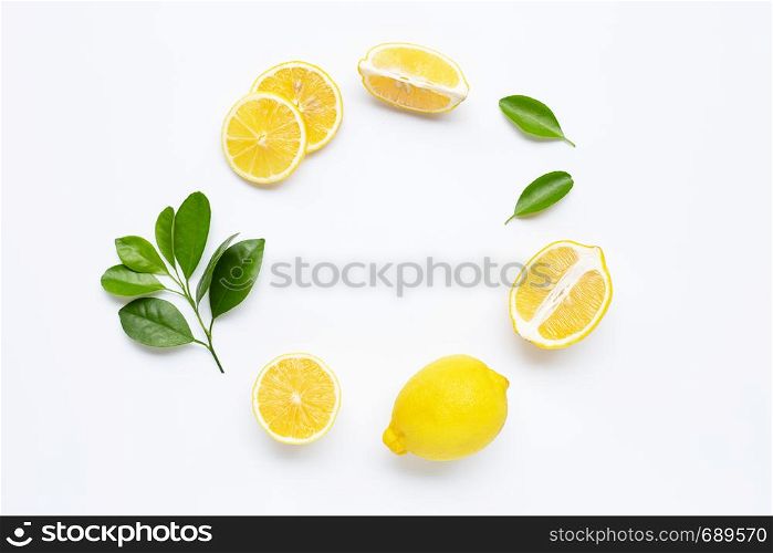 Frame of lemon and leaves with copy space on white background