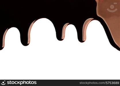 Frame of liquid chocolate streams isolated on white background. Chocolate streams