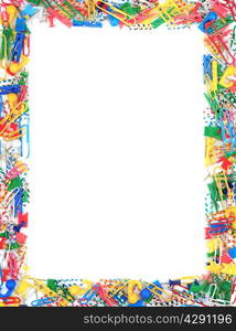 Frame of office supplies isolated on a white background