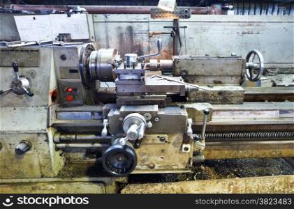 frame of old metal lathe machine in turning workshop