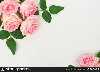 Frame of Rose fresh flowers on table from above with copy space, flat lay scene. fresh rose flowers