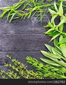 Frame of savory leaves, tarragon, sage and thyme on a background of black wooden boards