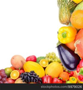 Frame of set vegetables and fruits on white background. Copy space. Top view. Free space for text.