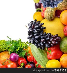 Frame of set vegetables and fruits on white background. Copy space. Top view. Free space for text.