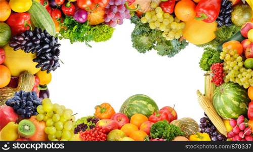 Frame of set vegetables and fruits on white background. Top view. Free space for text. Panoramic collage.