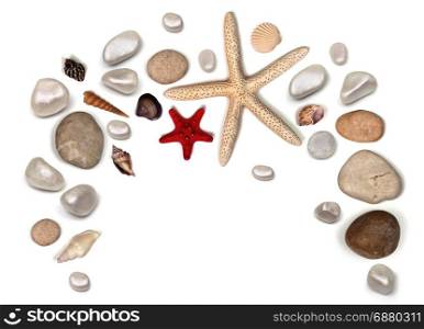 frame of stones and seashell isolated on white