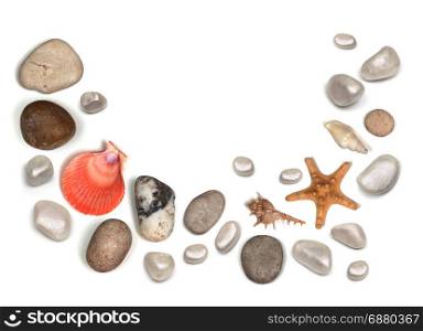 frame of stones and seashell isolated on white