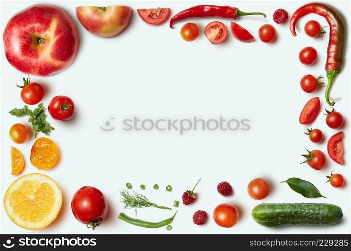 Frame of vegetables and fruits on white background. Unusual place for text about cooking, nutrition, healthy lifestyles, Italian food,. Frame of vegetables and fruits on white