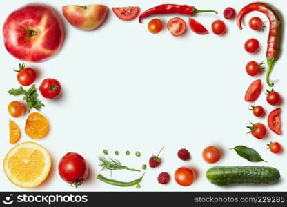Frame of vegetables and fruits on white background. Unusual place for text about cooking, nutrition, healthy lifestyles, Italian food,. Frame of vegetables and fruits on white
