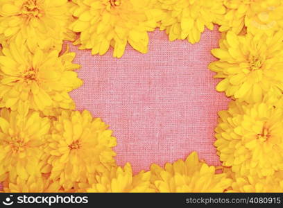 Frame of yellow flowers against a background of pink cloth