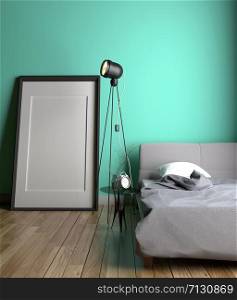 Frame on bed room interior with lamp and clock on table and bed, wooden floor on empty green mint wall. 3D rendering