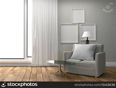 Frame on empty white wall background - Scandinavian style - White room with pillow on sofa and table. 3D rendering