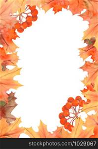 Frame with autumn leaves on white isolated background . Horizontal frame orientation . Watercolor compositions for the design of greeting cards or invitations.. Frame with autumn leaves on white isolated background . Vertical frame orientation . Watercolor compositions for the design of greeting cards or invitations.