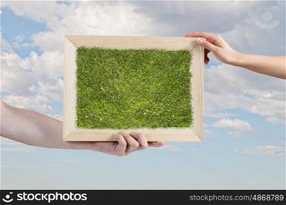 Frame with grass. Close up of human hand holding frame