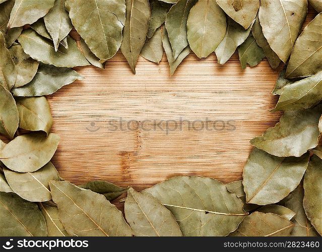 Framed dry bay leaf on a wooden board