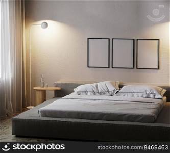frames mock up in modern bedroom interior in dark with l&light, 3d rendering
