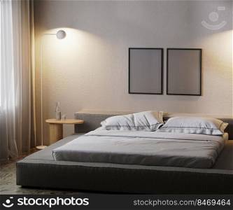 frames mock up in modern bedroom interior in dark with l&light, 3d rendering