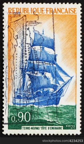 FRANCE - CIRCA 1972: a stamp printed in the France shows Newfoundlander Ship Cote d&rsquo;Emeraude, Barquentine Ship, Fishing Vessel, circa 1972
