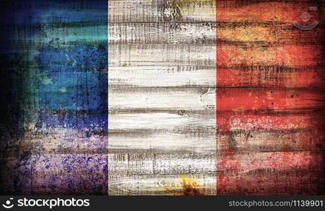 France flag painted on old plank dark wall