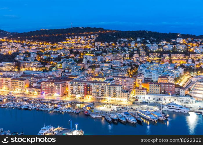 France Nice Cote d&rsquo;Azur with mediterranean beach sea at dusk