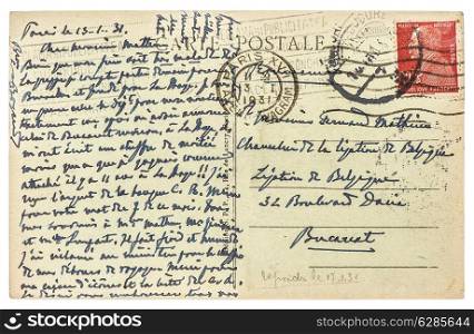 FRANCE, PARIS - 1931: old used handwritten postcard letter with unreadable undefined text