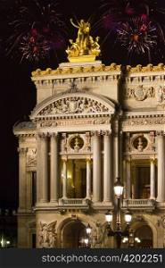 France. Paris. A building the Grand Opera and Christmas fireworks