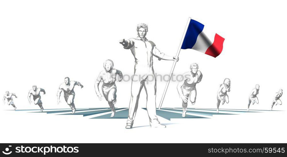 France Racing to the Future with Man Holding Flag. France Racing to the Future