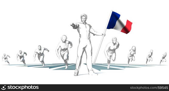 France Racing to the Future with Man Holding Flag. France Racing to the Future