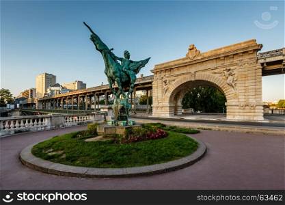 France Reborn Statue on Bir-Hakeim Bridge at Dawn, Paris, France