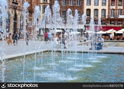 France, Strasbourg - 7 July 2013: Fountain on the central square. Editorial