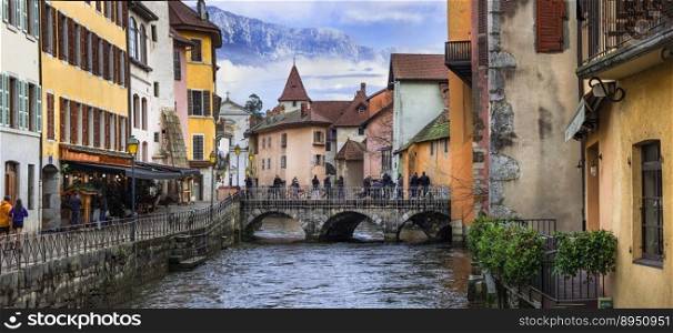 France travel and landmarks. Romantic beautiful old town of Annecy with colorful houses and canals. Haute-Savoi region